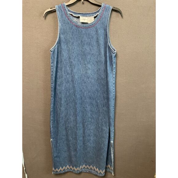 Retro Studio Ease Denim Dress 12 Boho Embroidered Sleeveless Long Cottagecore - Picture 1 of 7